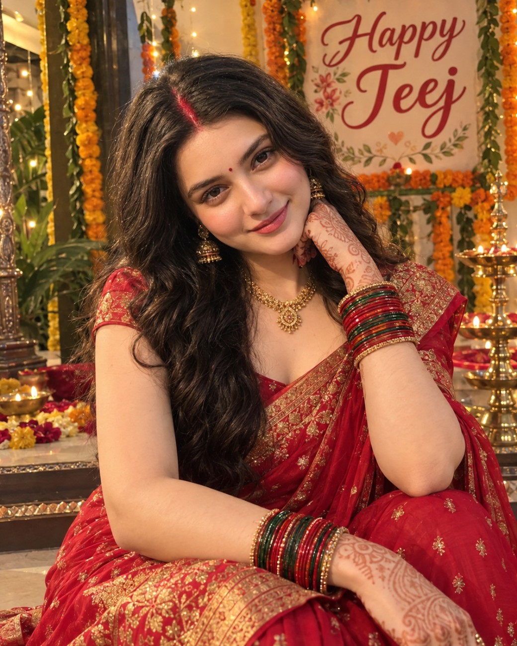 Happy Teej Image prompt for Indian Woman from her own photo