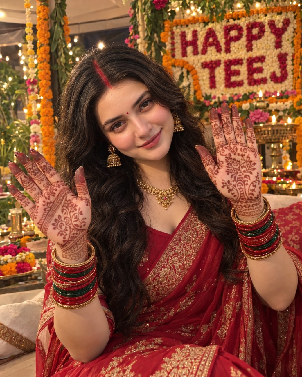 Showing beautifully designed mehandi on hand - Happy Teej image prompt for girl and woman