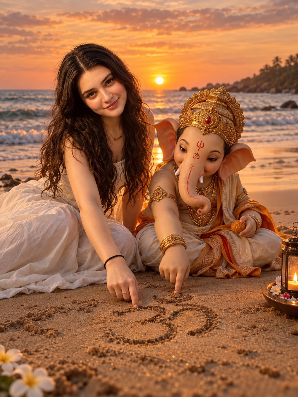 Lord Ganesha with girl writing OM on sand prompt