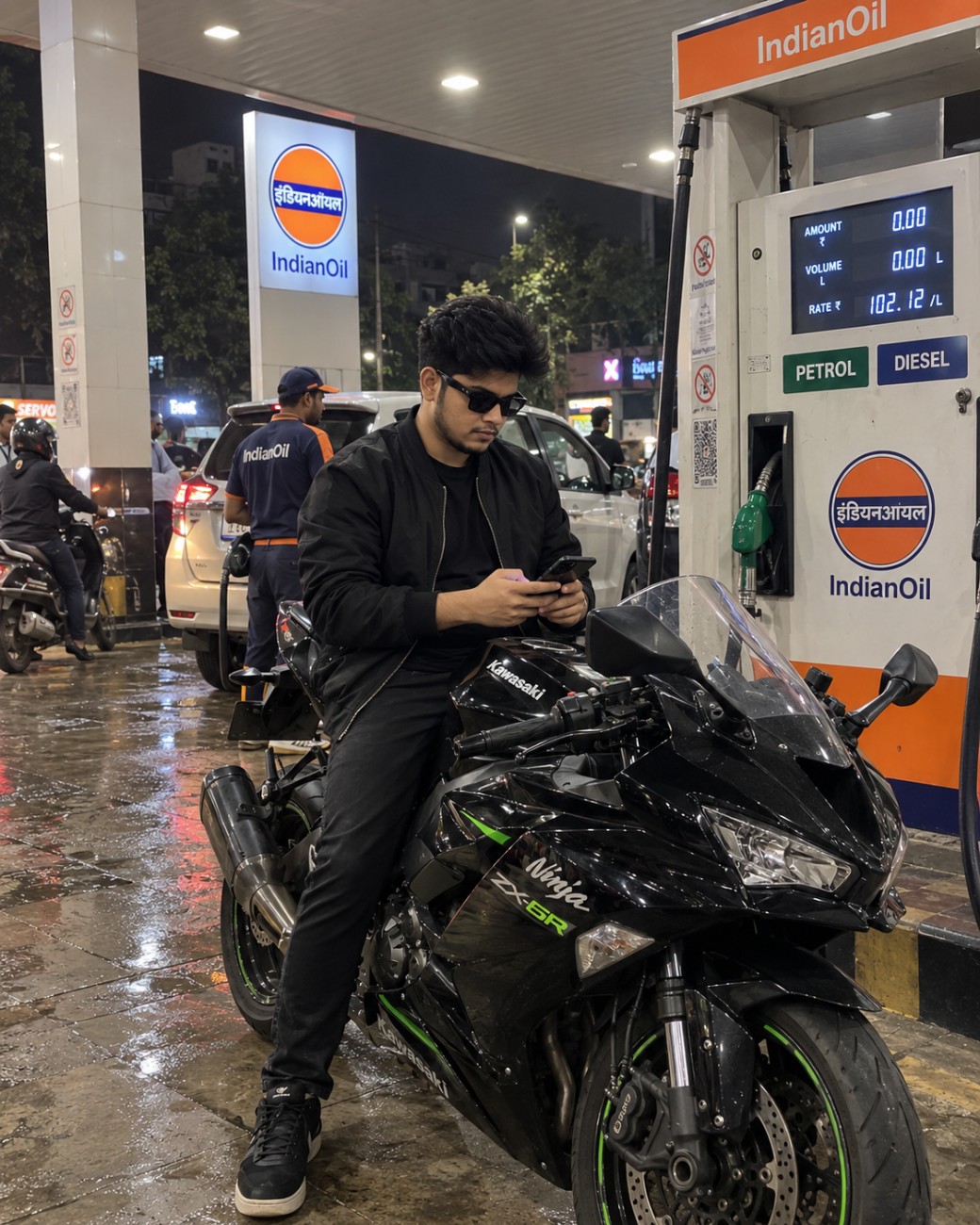 Men on Ninja Bike at Petrol pump image prompt
