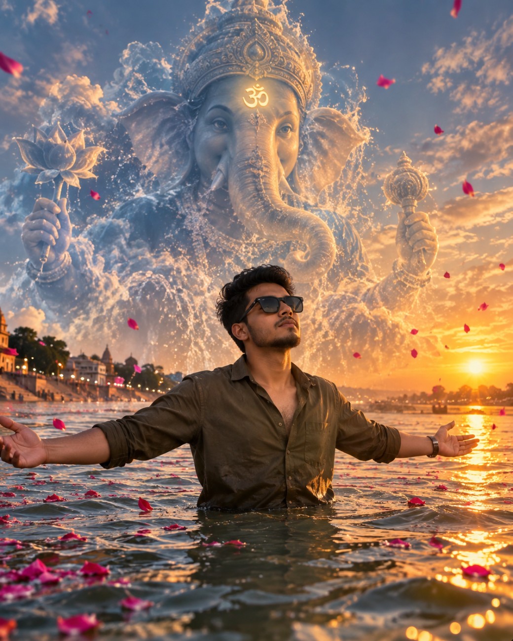 Cinematic portrait of young boy standing at river in background Lord Ganesha