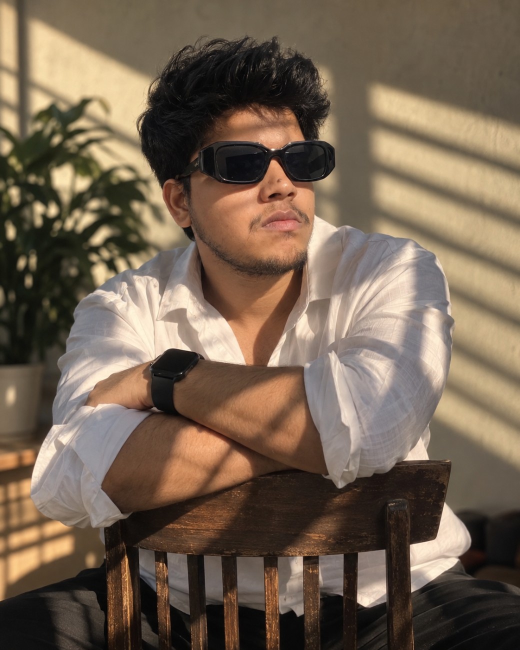 Cinematic Luxury Portrait in White Shirt with Retro Sunglasses for men prompt