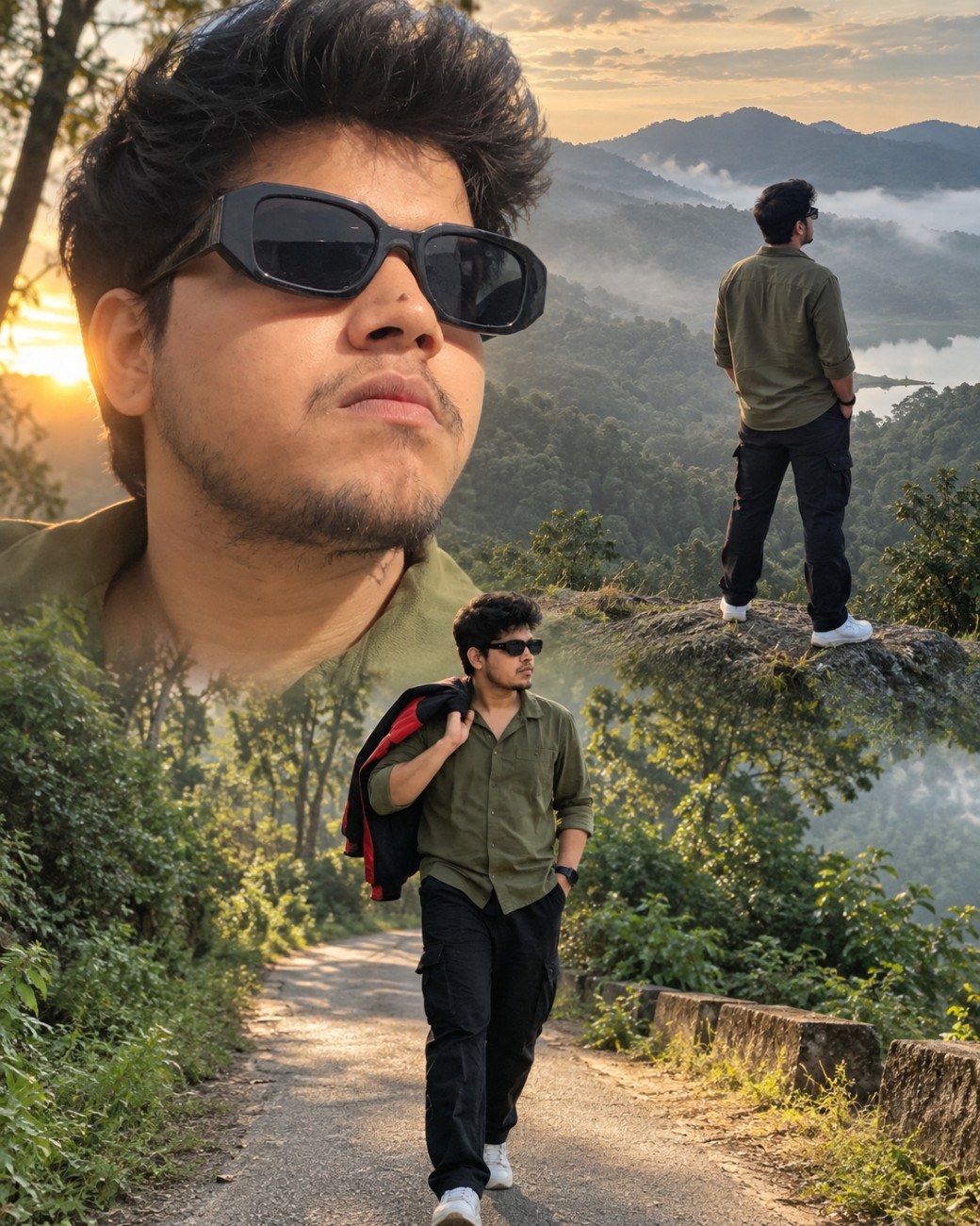 Cinematic Forest Adventure Portrait Collage photo prompt for men