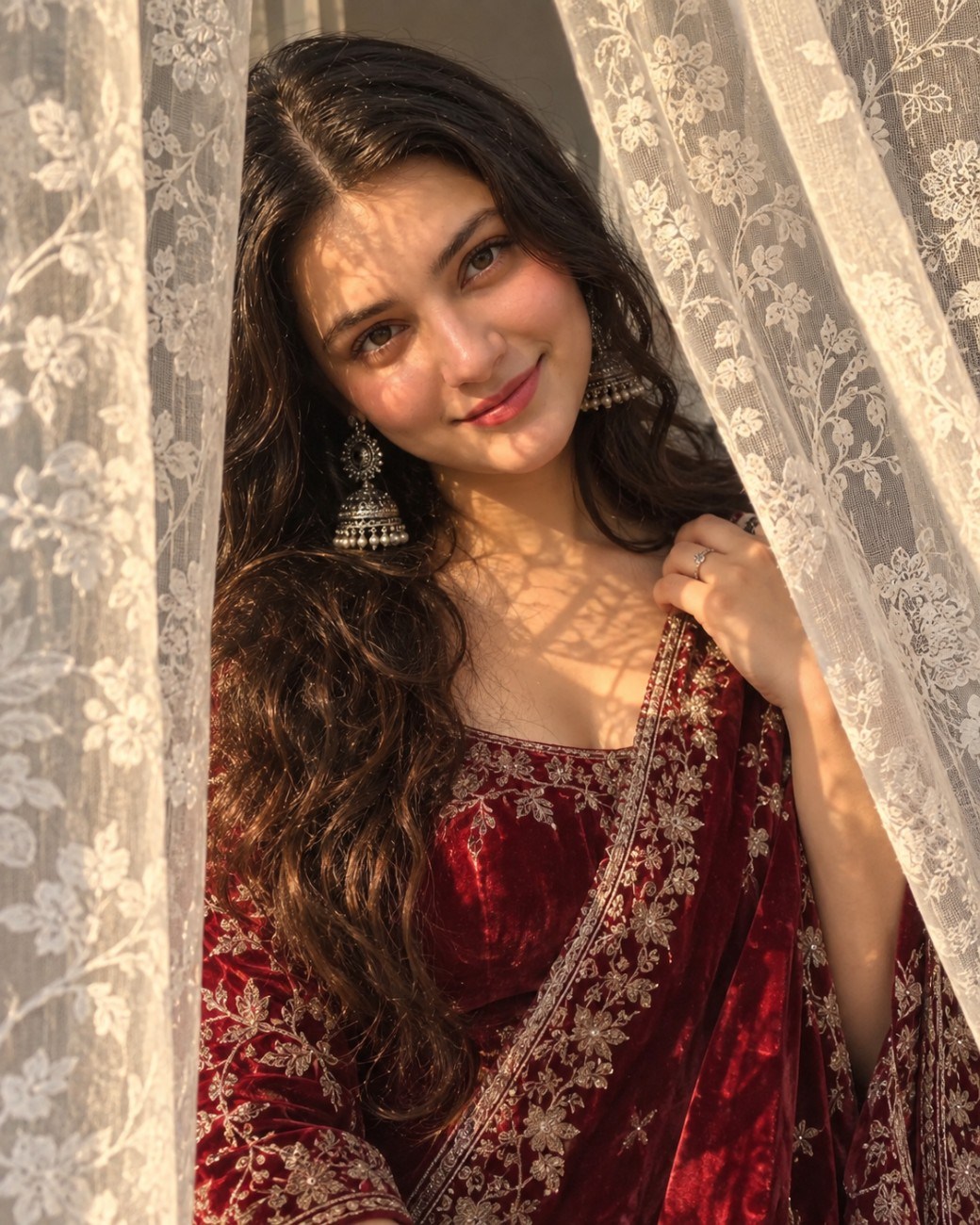 Royal Red Velvet Saree Portrait with Golden Lace Light Image Prompt for girls