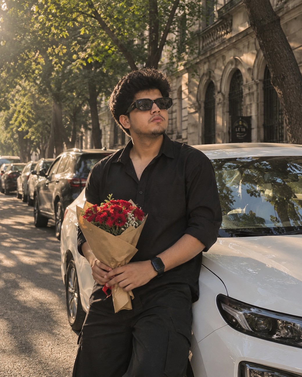 Men in Black Outfit & Red Roses – Cinematic Street Portrait prompt