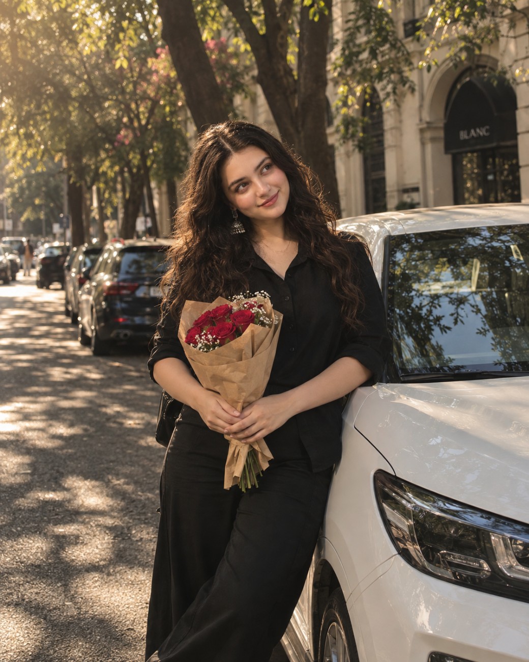 Girl in Elegant Black Outfit & Red Roses – Cinematic Portrait photo prompt