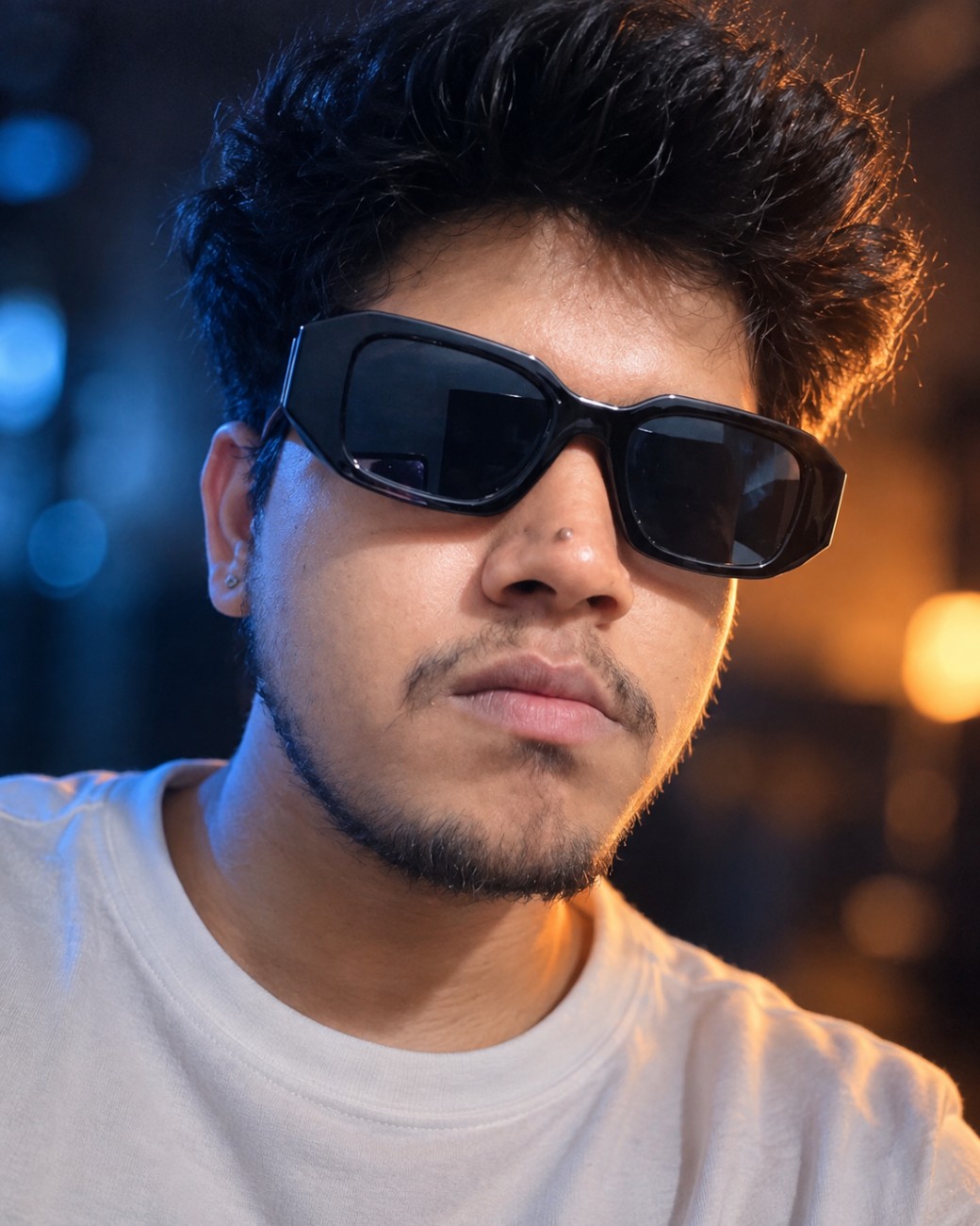 Cinematic South Asian Man Portrait AI Image Prompt – Blue & Orange Lighting