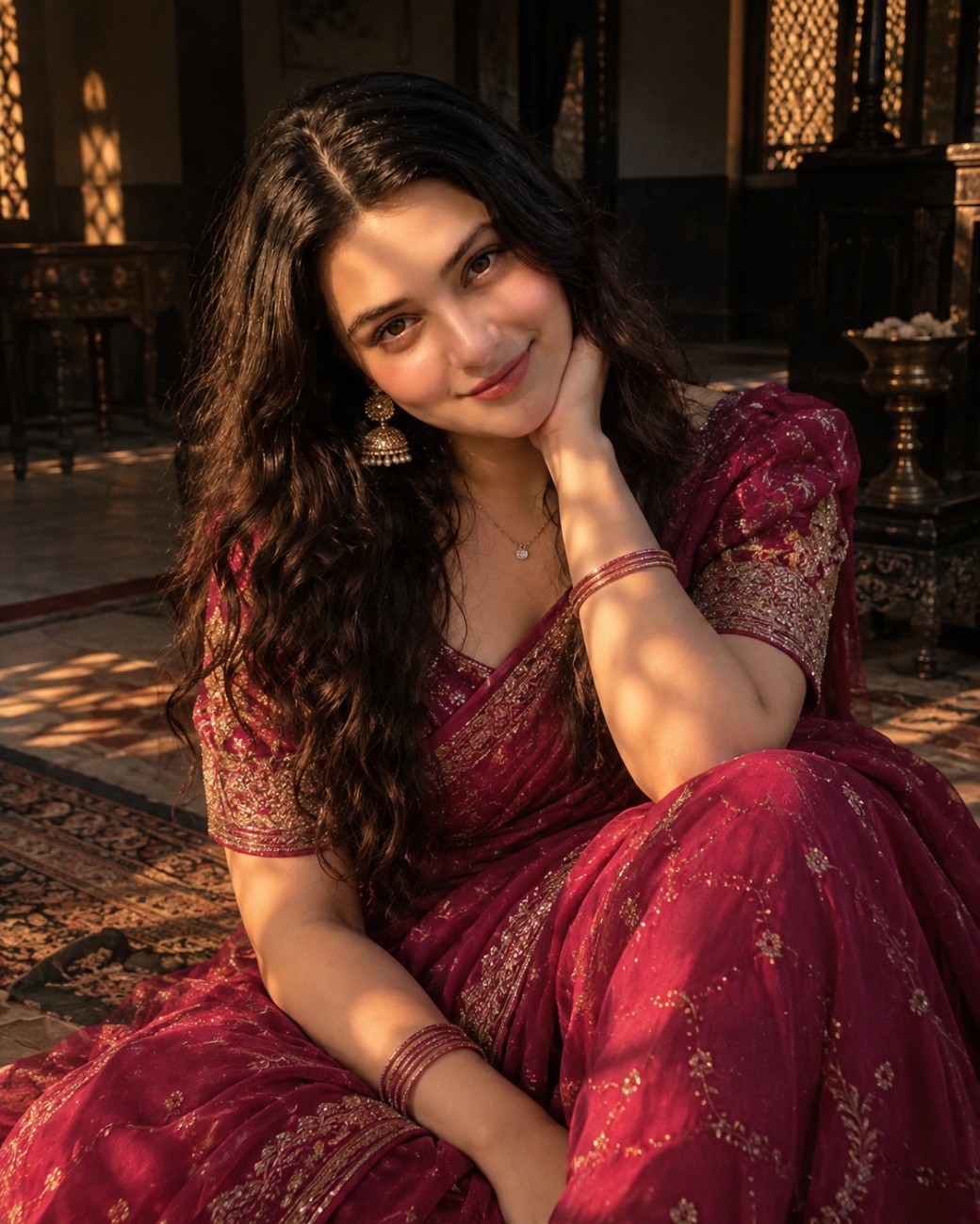 Ultra-Realistic Indian Woman in Saree – Cinematic Heritage House AI Image Prompt