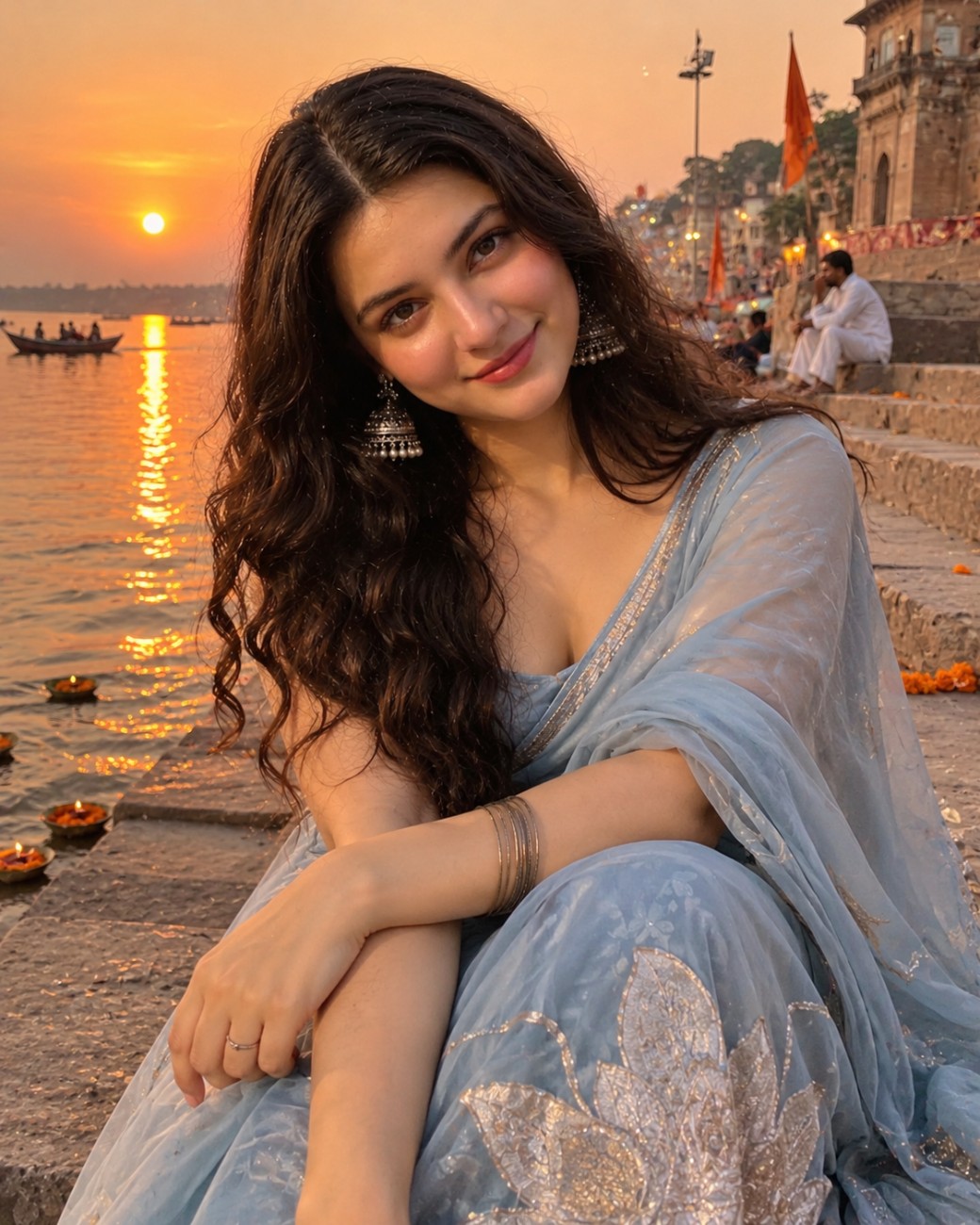 Ultra-Realistic Indian Woman at Ganga Ghat – Cinematic Sunset AI Image Prompt