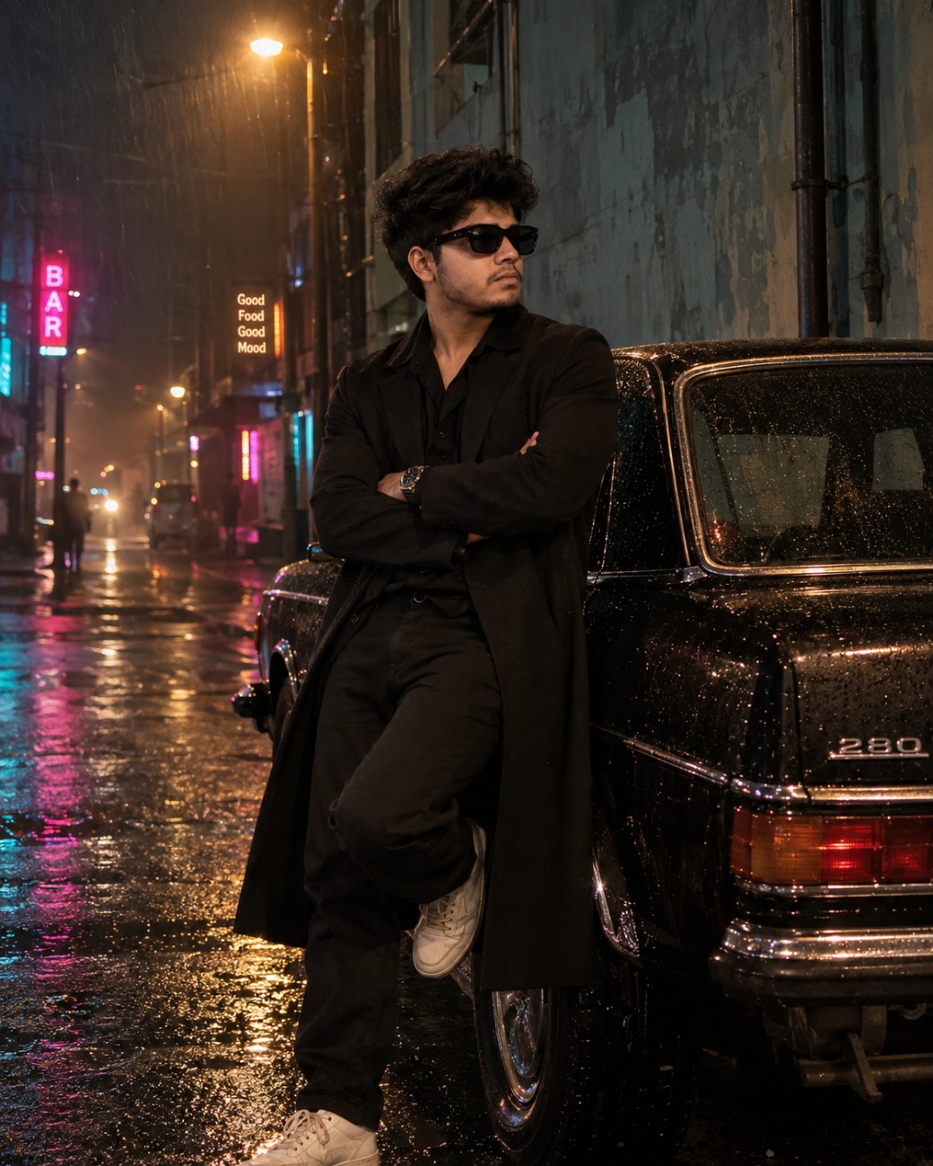 Ultra-Realistic Man in Rainy Neon Alley – Cinematic AI Image Prompt