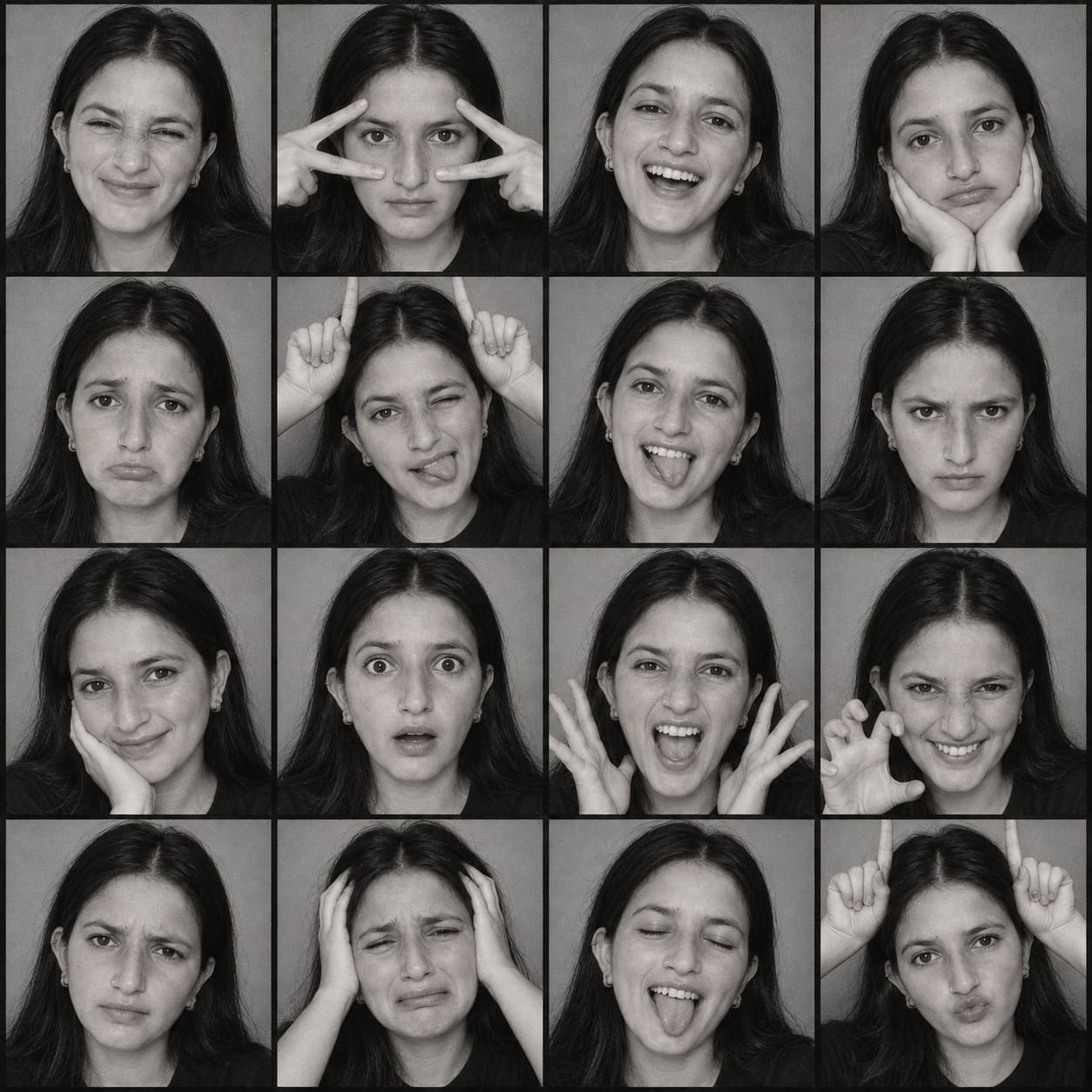 Prompt black_and_white_photobooth_expression_grid_4x4 for girls