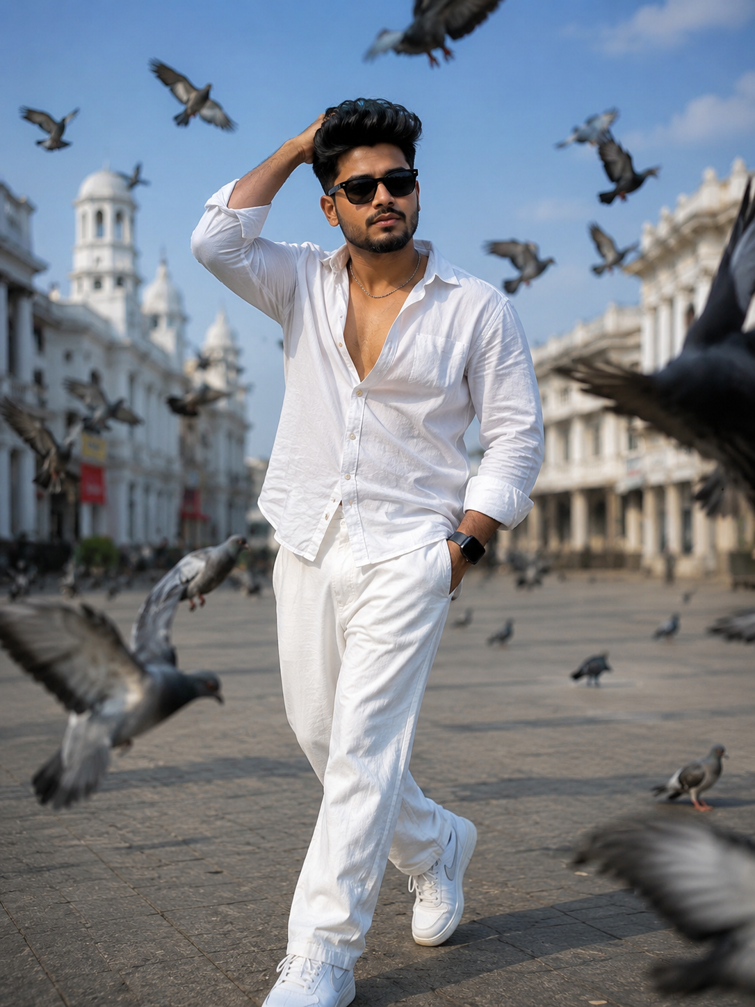 Stylish Man Street Portrait with Sunglasses & Pigeons