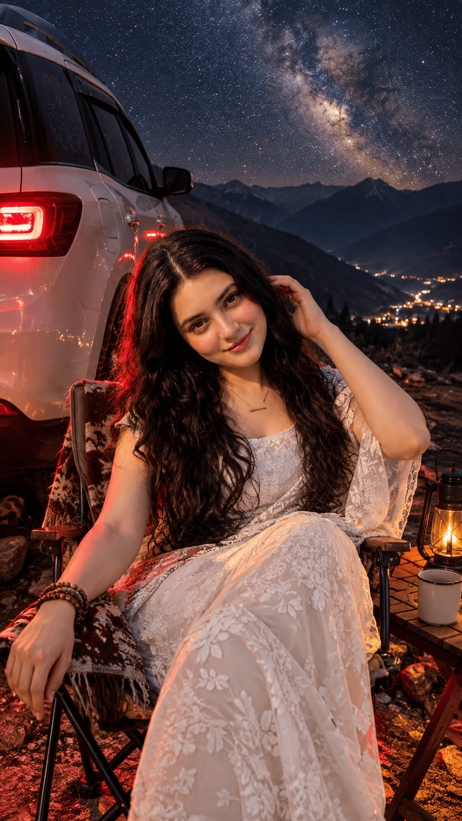 Cinematic Mountain Camping Night Portrait Prompt