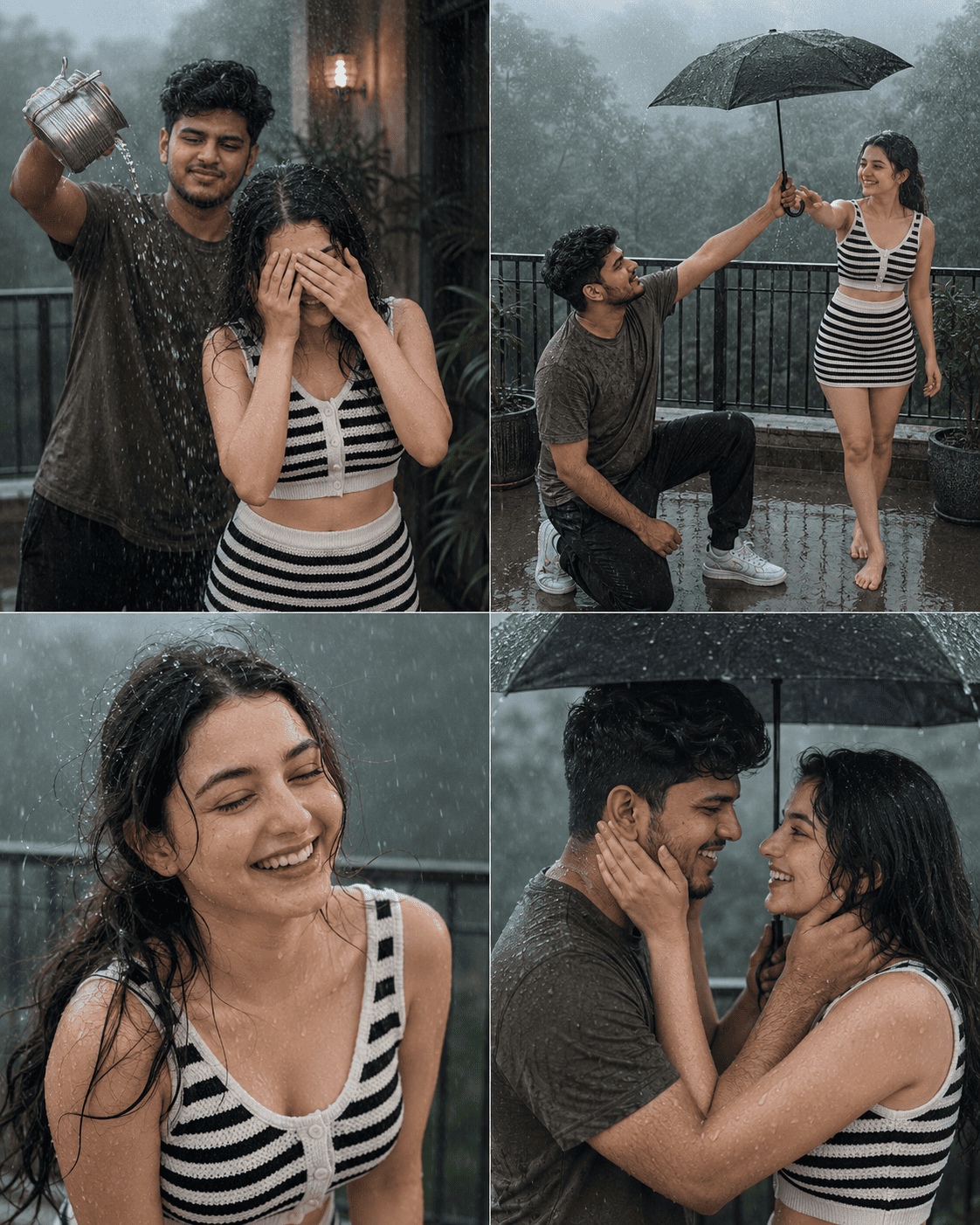 Rainy Balcony Couple Photoshoot – Romantic 4-Panel Portrait