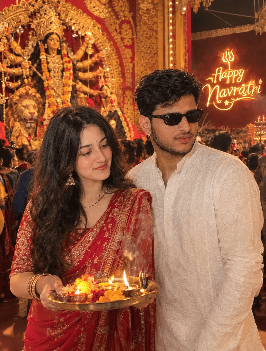 Red Saree Navratri Couple Aarti Prompt
