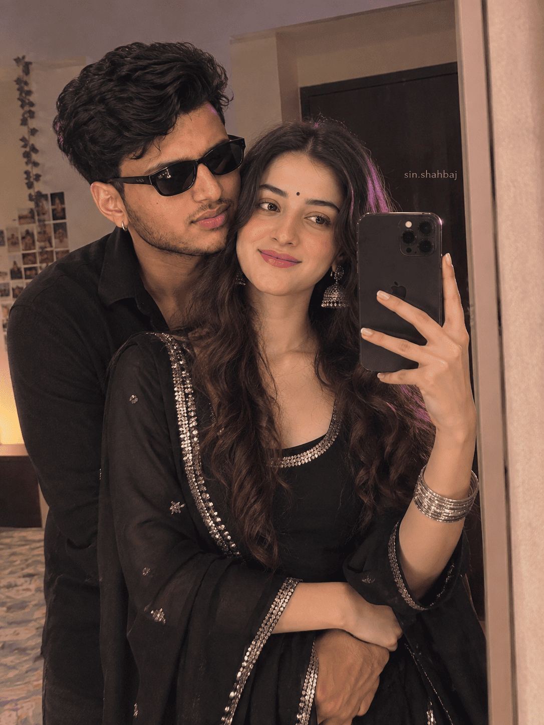 Couple Mirror Selfie Hugging Pose