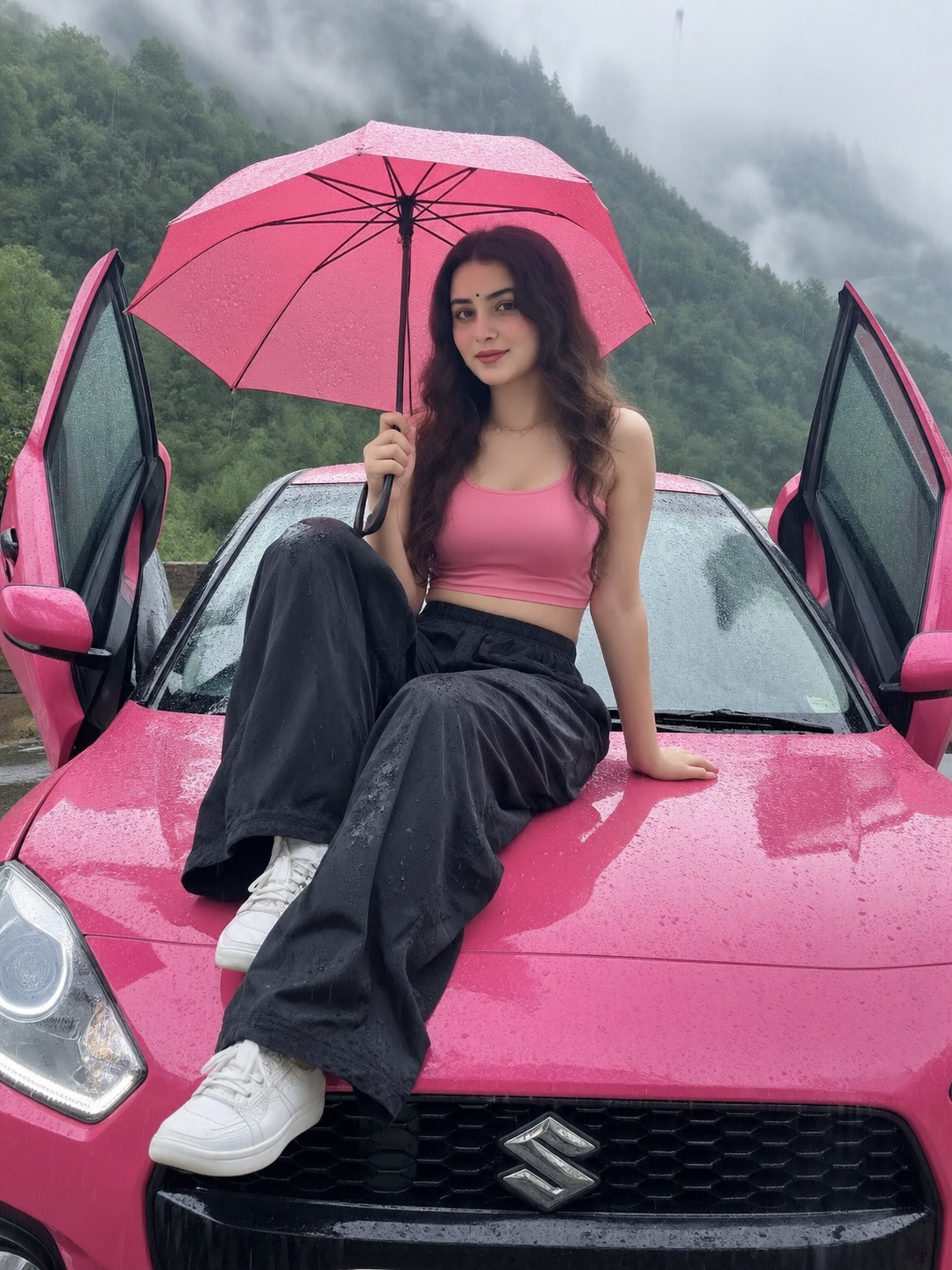 Pink Car Rainy AI Girl Prompt