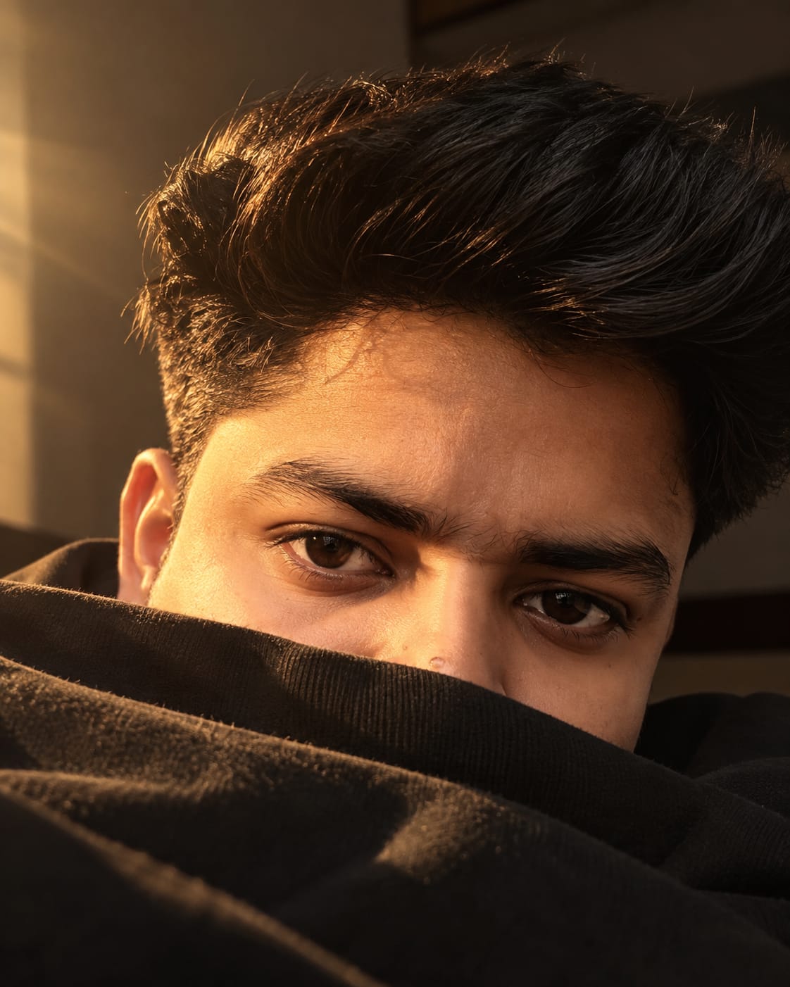 Image Prompt of men showing only eye on Camera