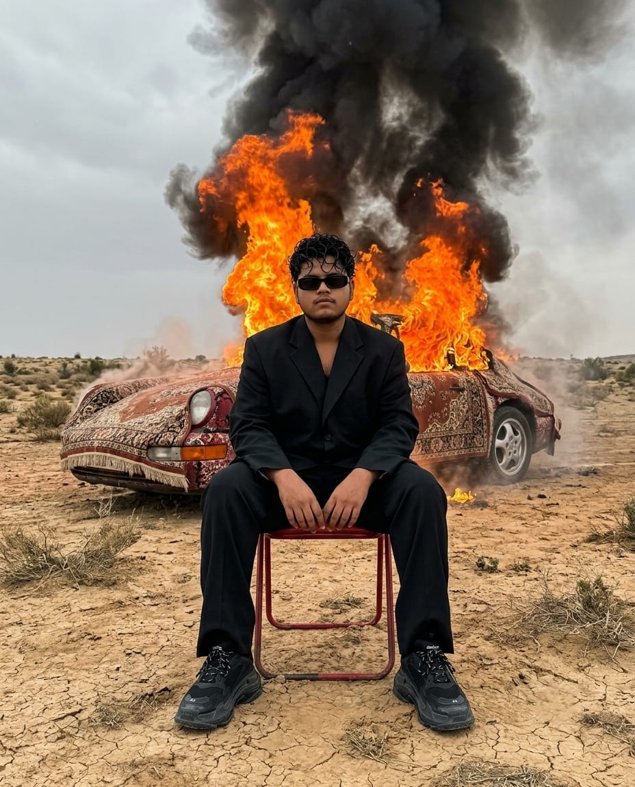 Cinematic Boy Car Fire Photo Prompt