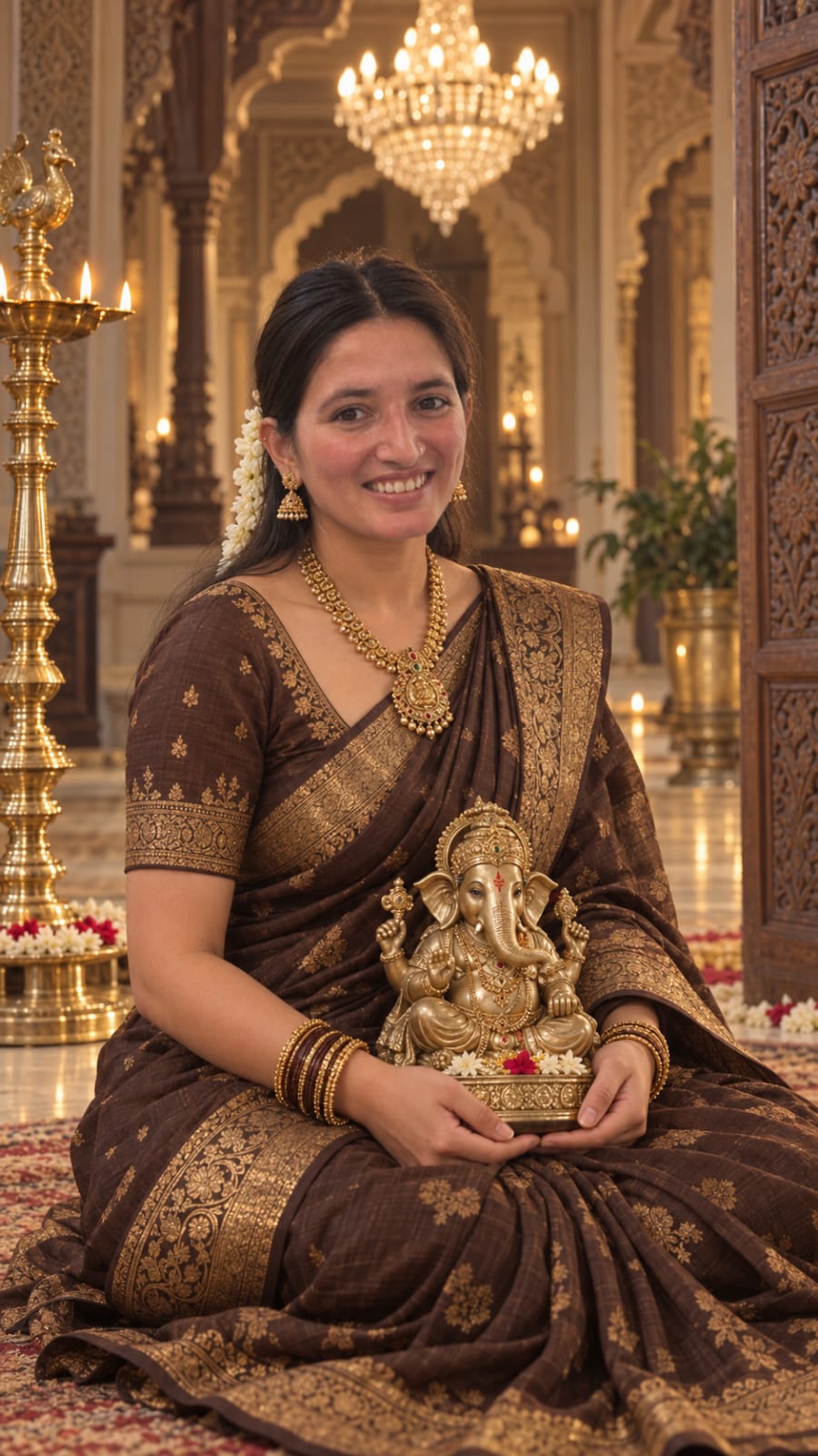 Girl holds a detailed Ganesha idol in her hands prompt