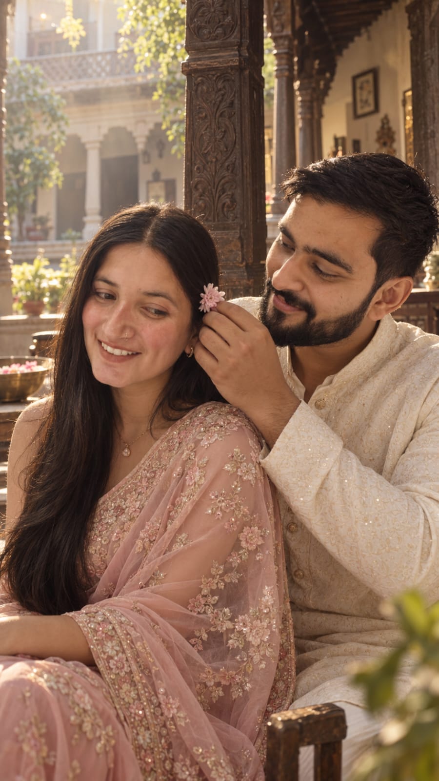 Couple Flower Saree Romantic Photo Prompt