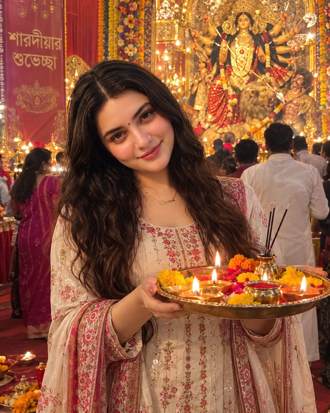Durga Puja Aarti Girl Photo Prompt
