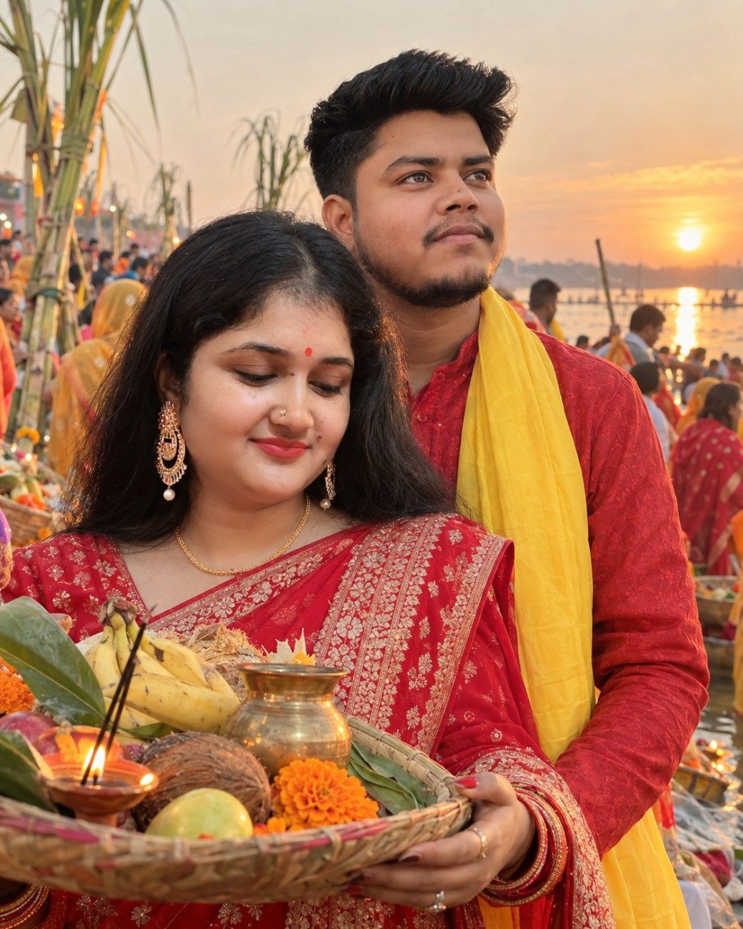 Indian Couple at Chath Ghat Puja Image prompts