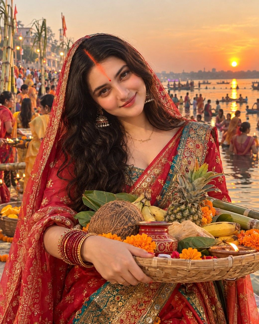 Chhath Puja Girl with Traditional Offerings at River Ghat