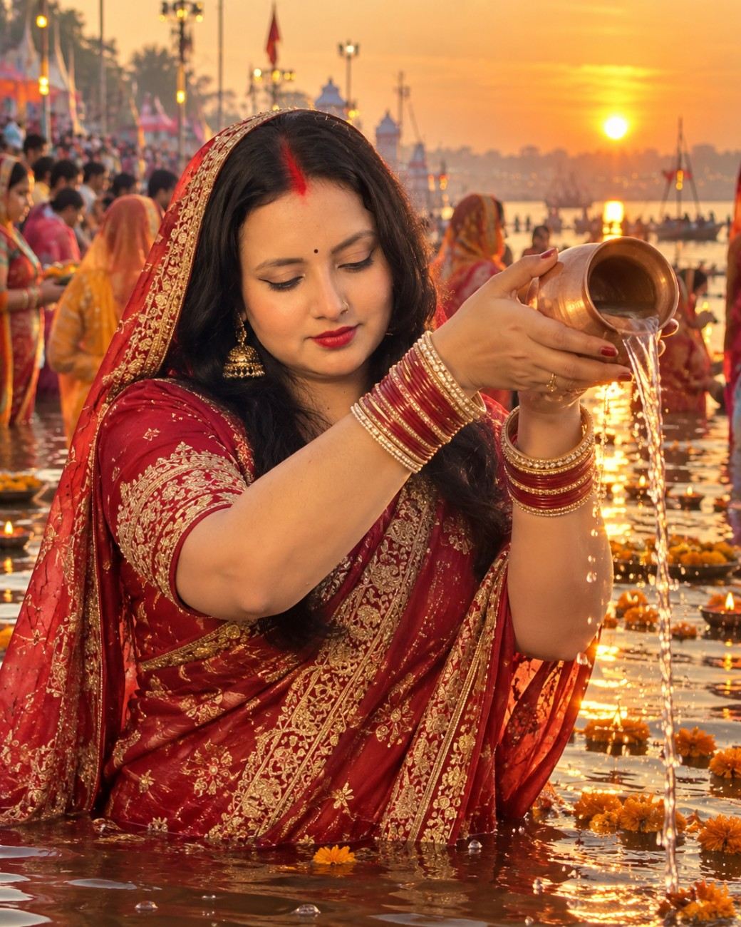 Chhath Puja Woman Offering Water at River Ghat prompt