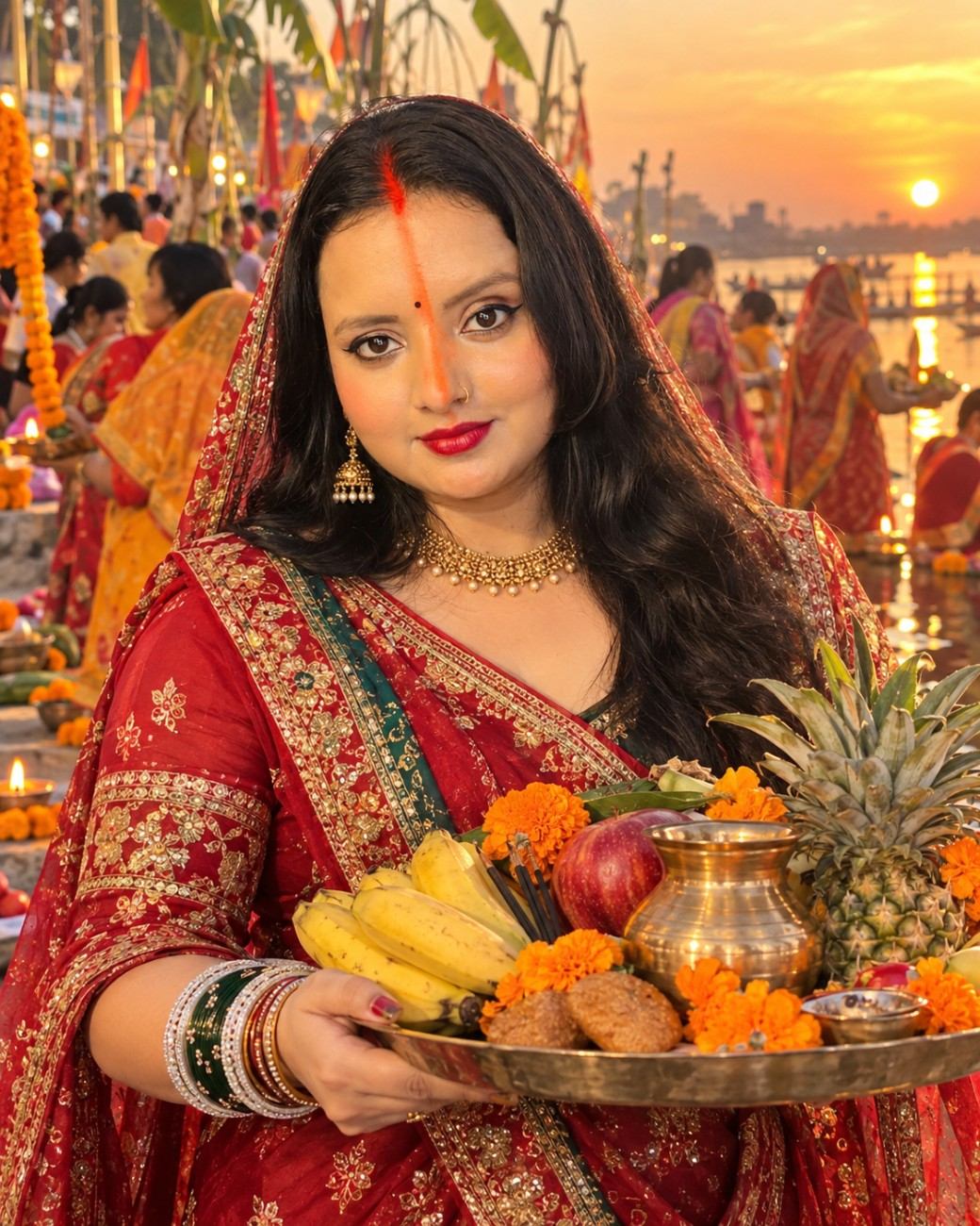Chhath Puja Woman with Traditional Offerings at Ghat image prompt