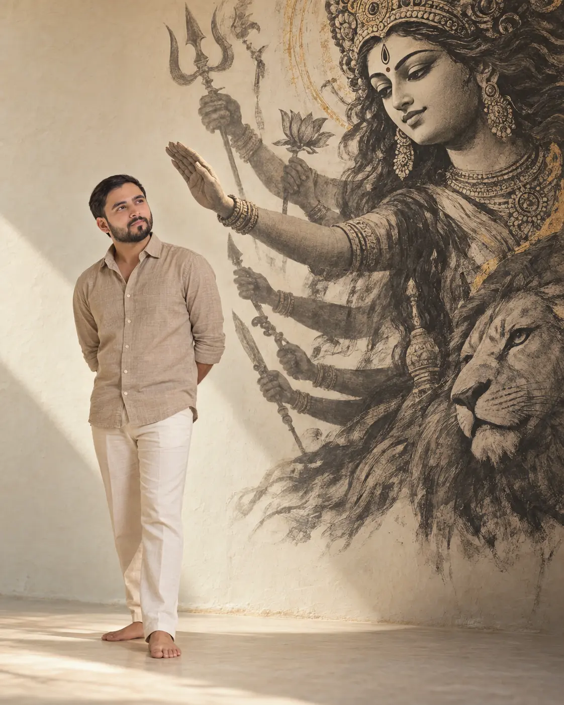 Contemplative Man Beside Durga Mural