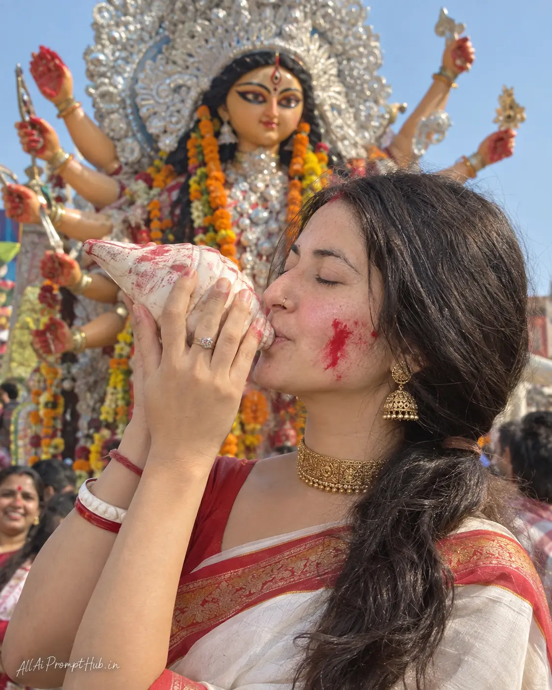 Durga Puja Shankh Blowing Portrait
