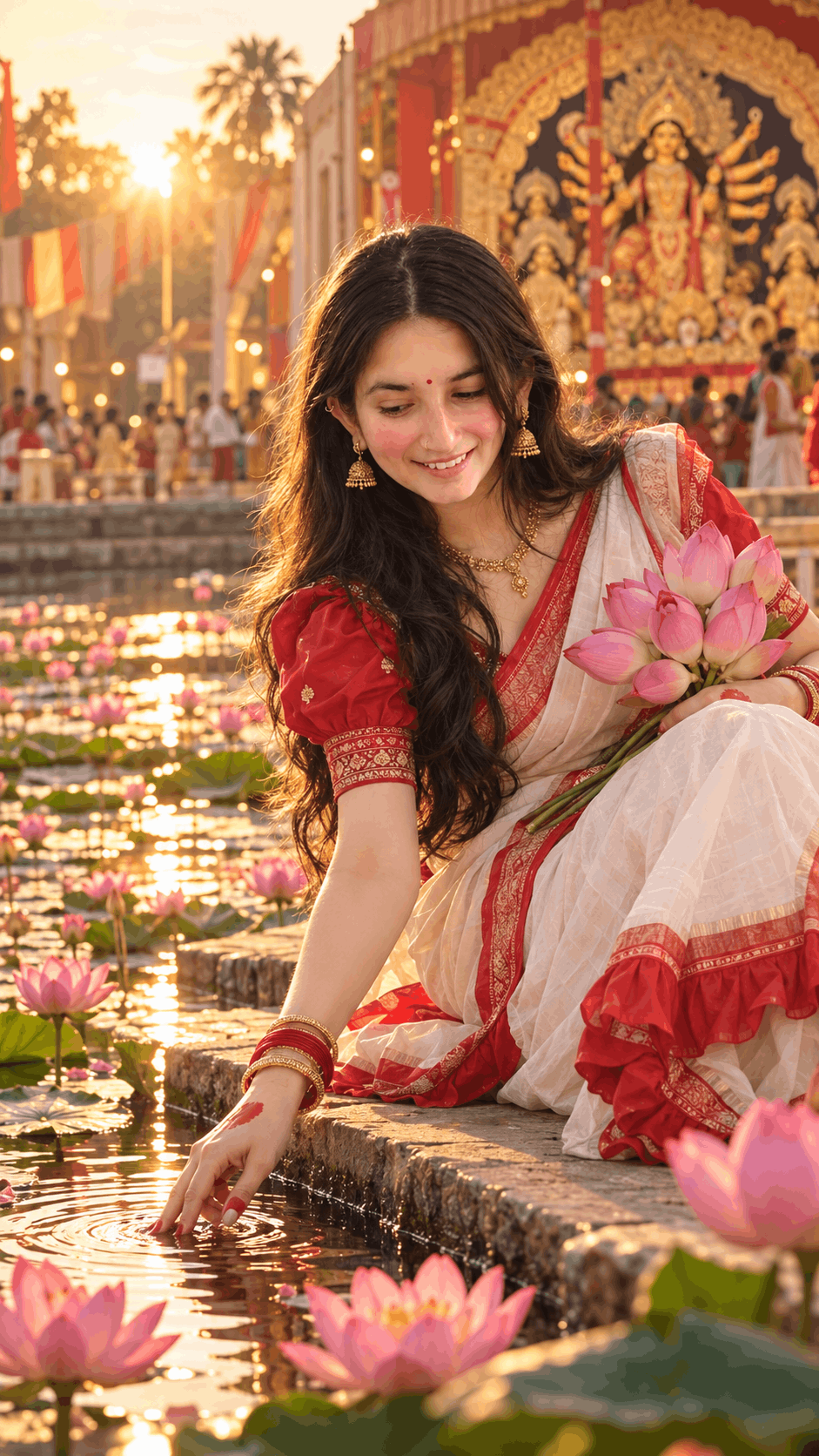 Golden-Hour Durga Puja Lotus Ghat