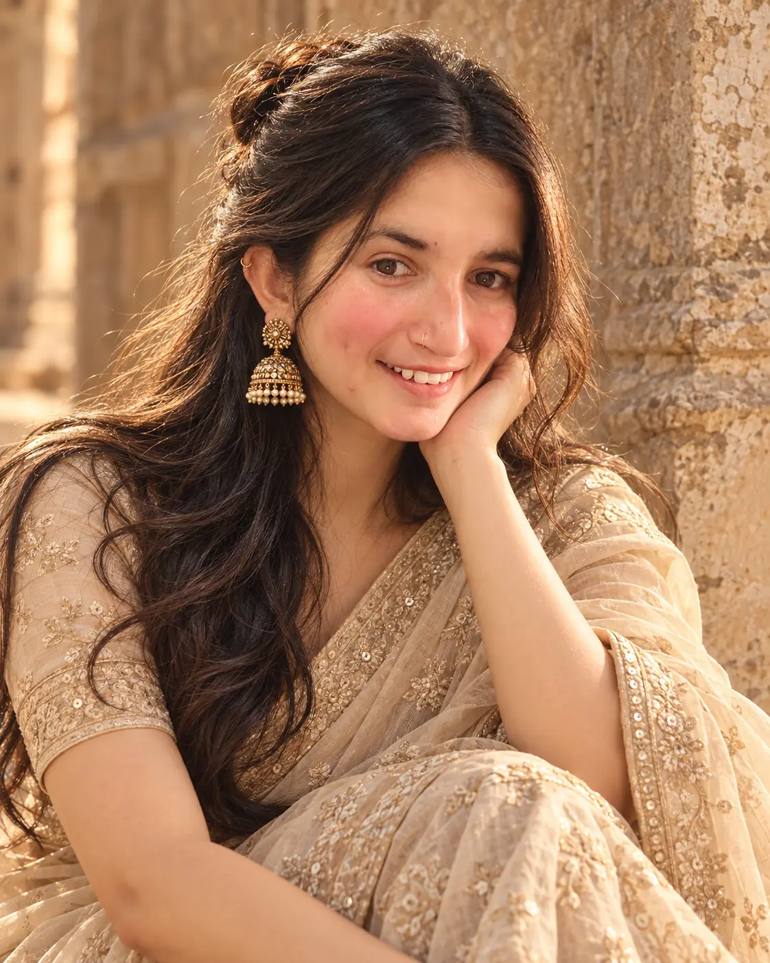 Golden-Hour Saree Portrait Against Stone