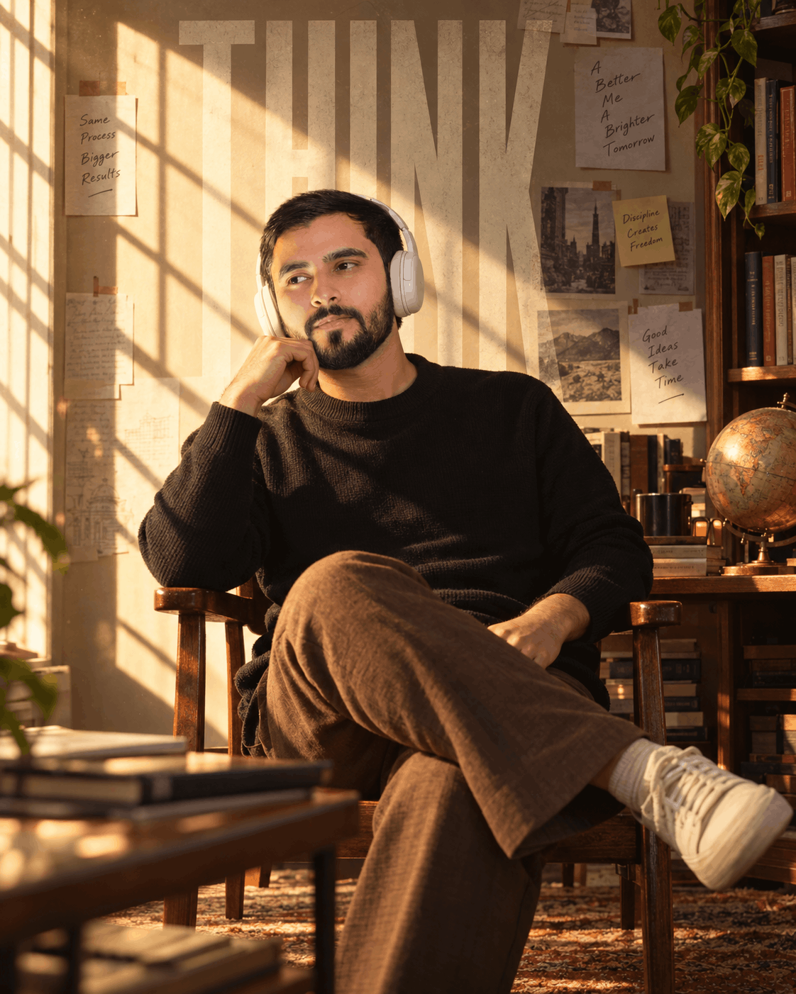 Golden Hour Thinker in a Cozy Study