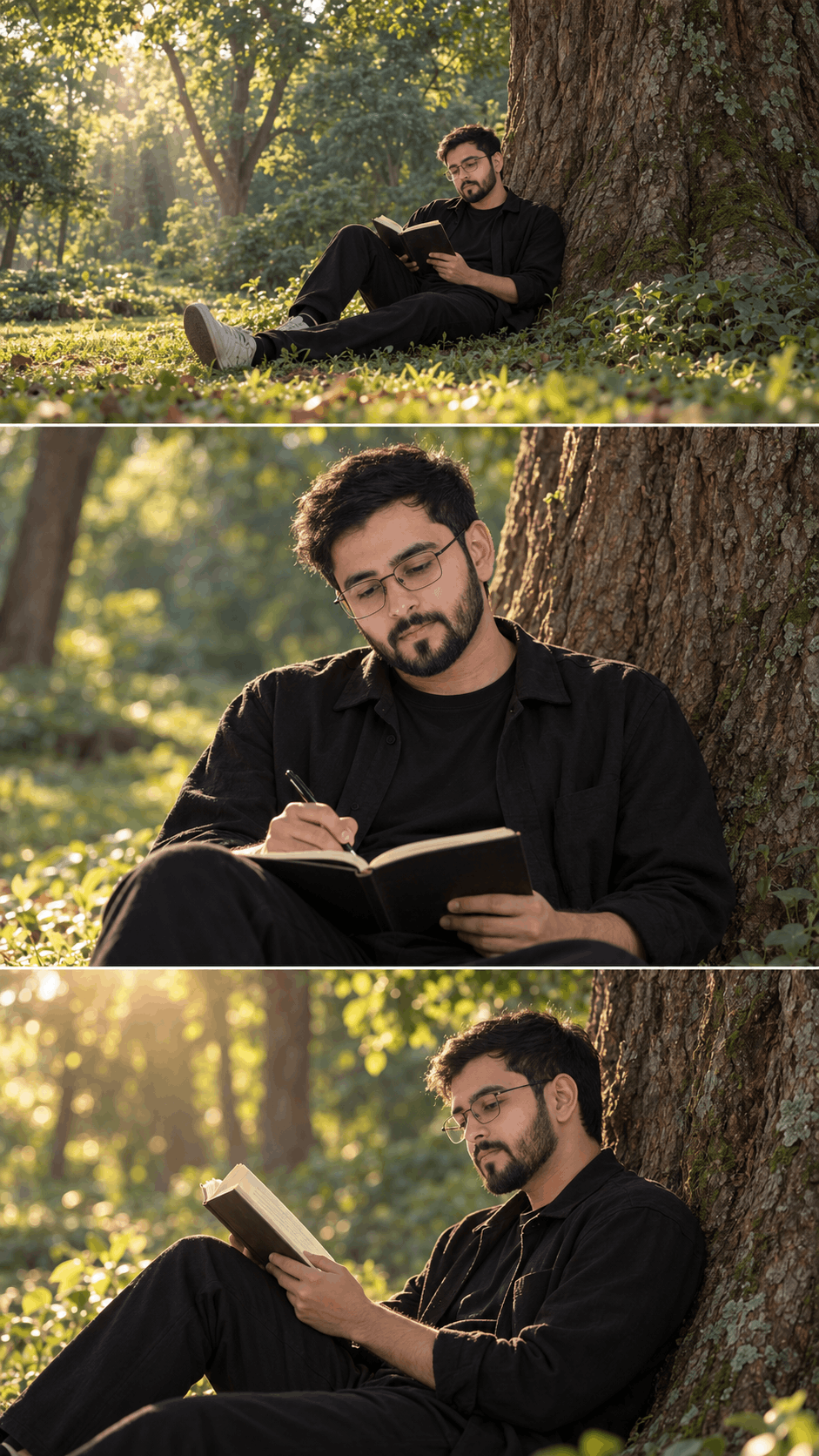 Golden-Hour Woodland Reading Triptych