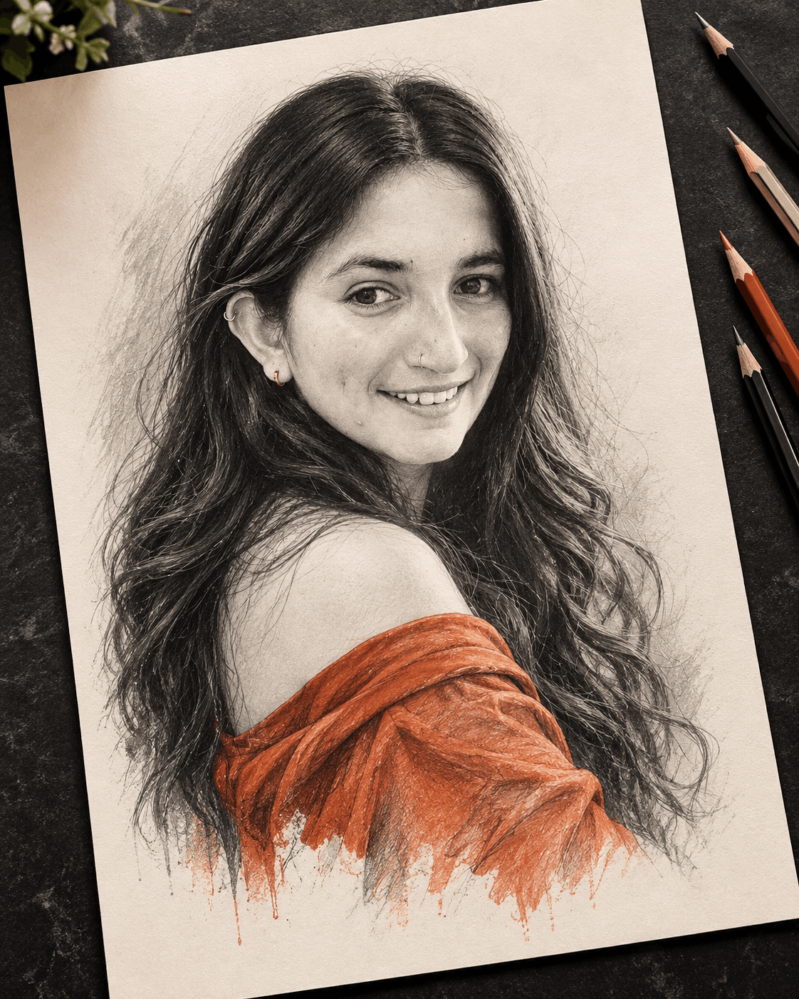 Graphite Portrait with Terracotta Drapes