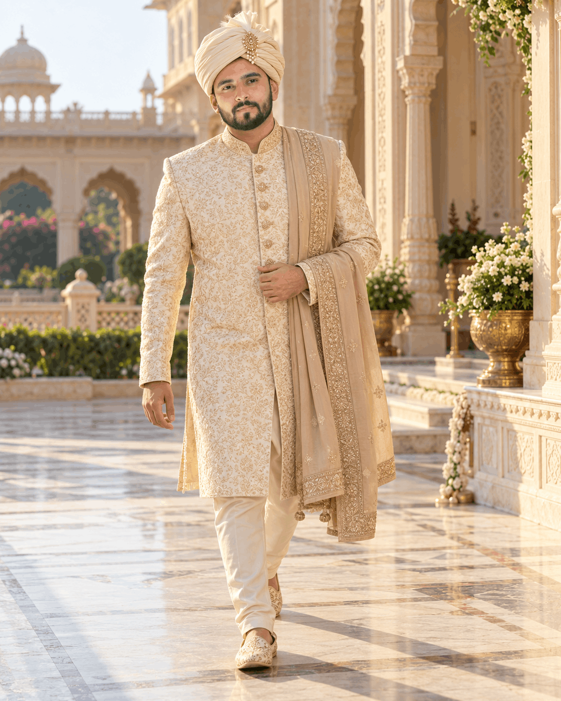 Groom Walking Through a Palace Courtyard