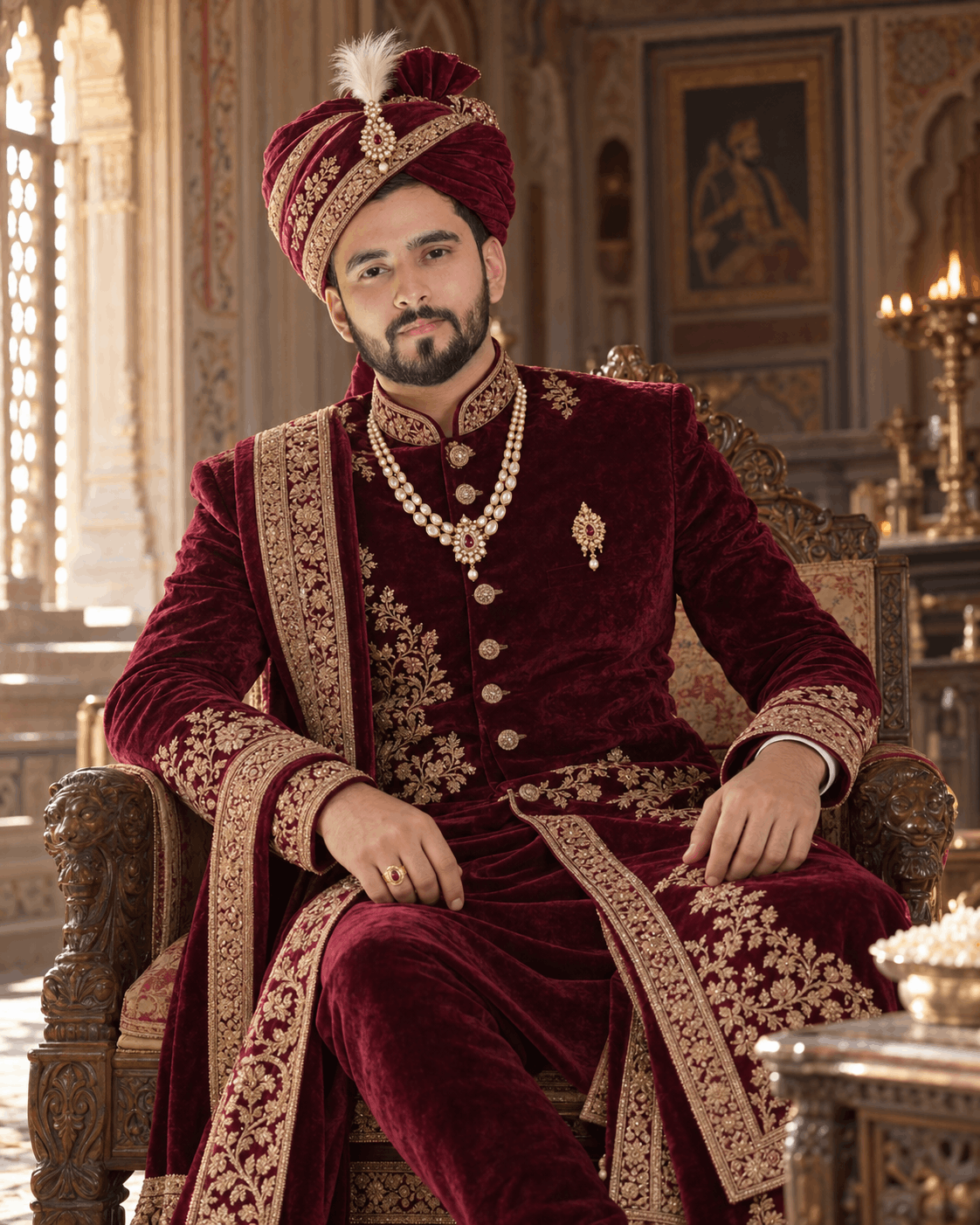 Regal Maroon Groom in Palace Chair