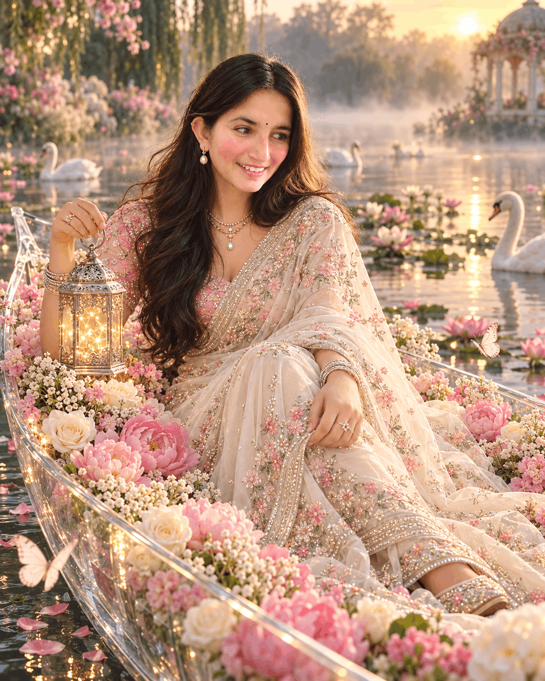 Serene Swan Lake Saree Portrait