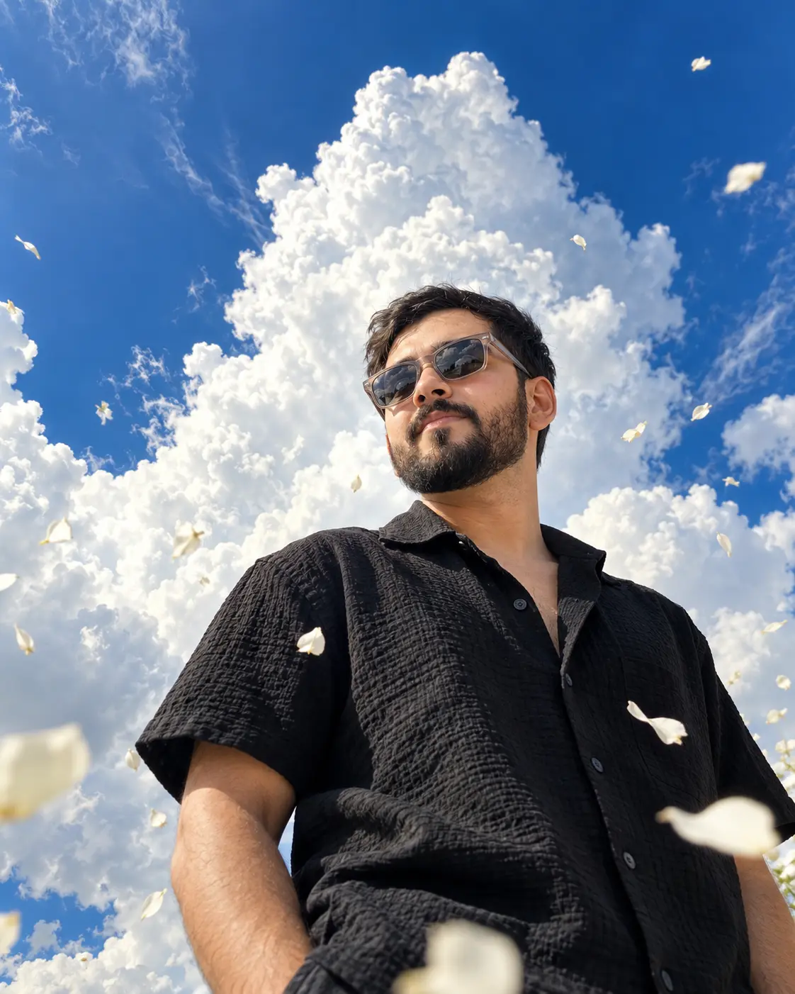 Skyward Portrait Among Clouds and Petals.webp