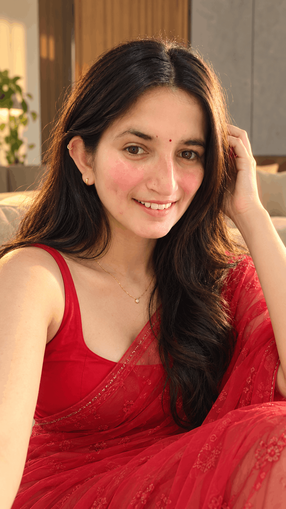 Warm Sunlit Portrait in Red Saree